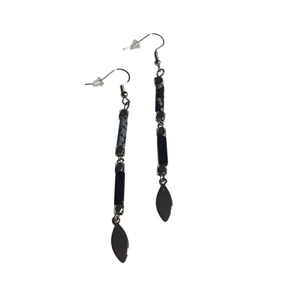 Black Hematite Snowflake Obsidian Dangle Earrings Handmade Jewelry Women Gift - Picture 1 of 3